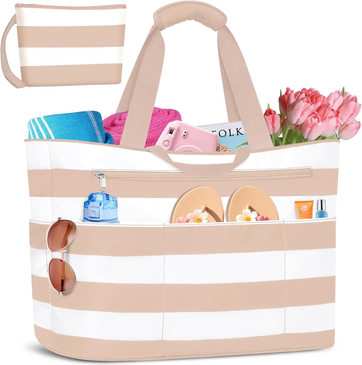 strandtas, XXL, familie, 50 l, waterdicht, reistas voor dames, met ritssluiting, opvouwbaar, strandtas, met 14 zakken, strand, tote bag, handtassen voor sportschool, winkelen