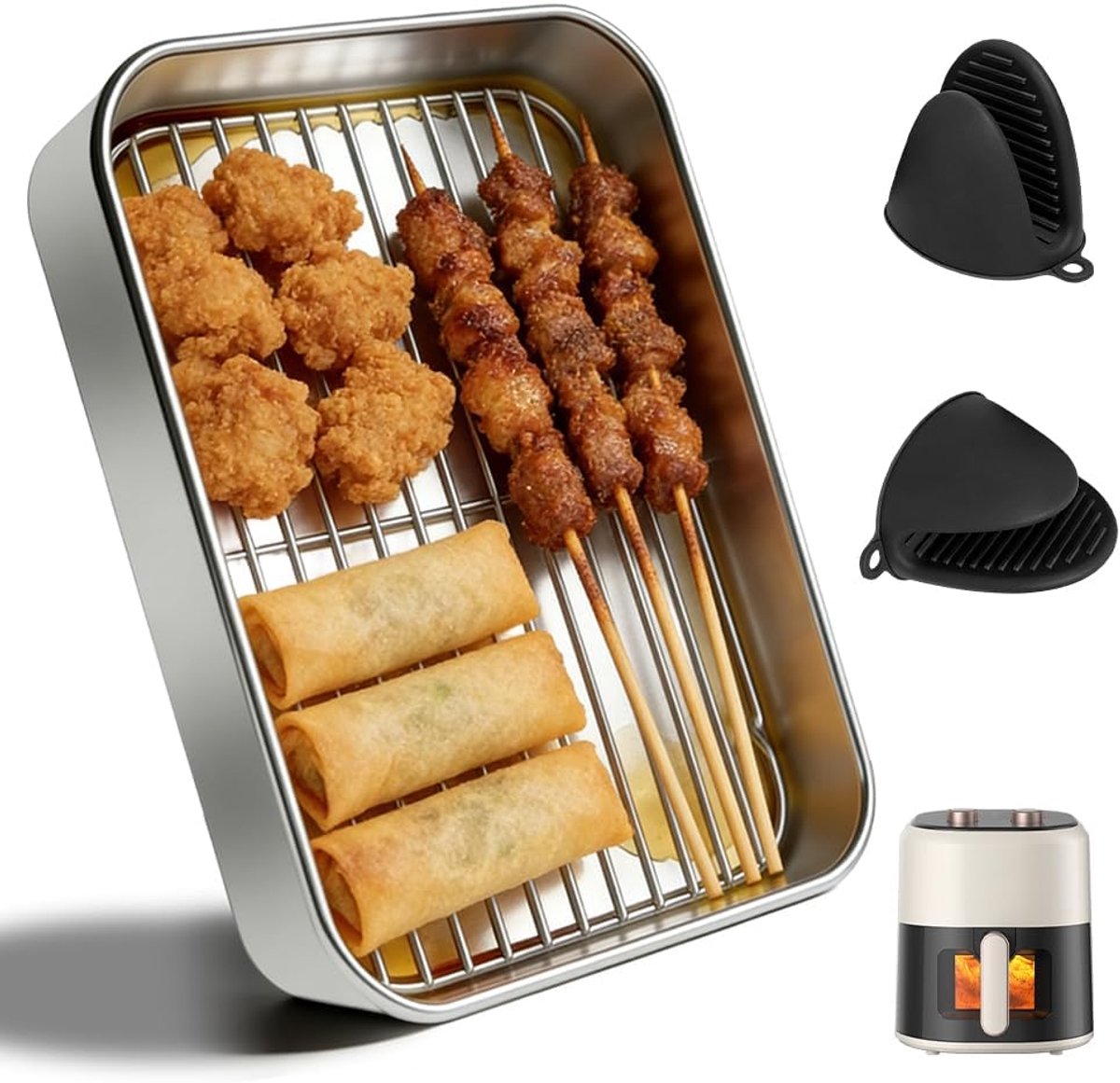 Ovenschaal voor airfyer, roestvrij staal, rechthoekige bakvorm, grote bakvorm, met afdruiprooster, afdichtingsdeksel en hittebestendige handgrepen, heteluchtfriteusevorm met grill, 20