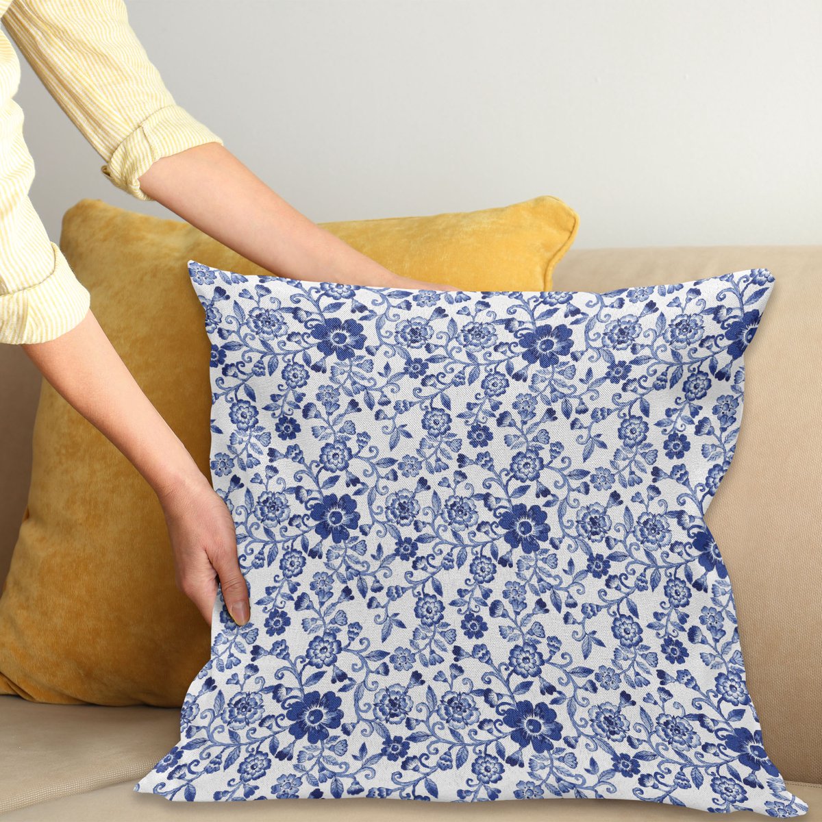 ABAKUHAUS Aquarel Kussenhoes, Vibrierende blaue Bloemen, Dubbelzijdige Digitale Print met Ritssluiting, Kleurecht, Onderhoudsvriendelijk en Wasbaar, 40 x 40 cm, Violet Blauw Wit