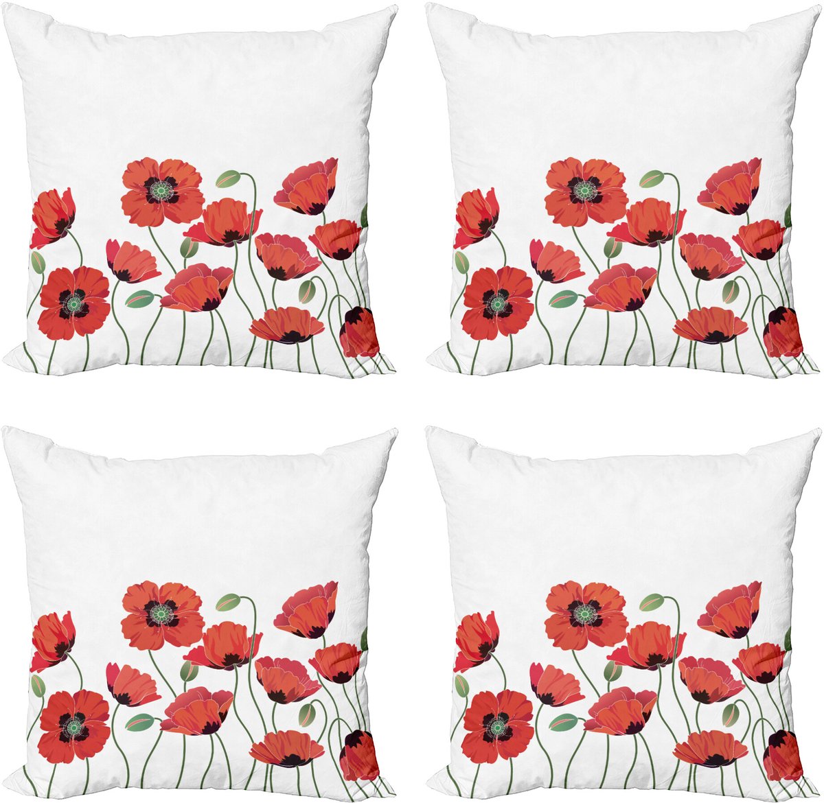 ABAKUHAUS Bloemen Sierkussen Kussenhoes 4er Set, Natürliche Mohnblumen-Tuin, Modern Accent Dubbelzijdige Digitale Print, 50 x 50 cm, Oranje Groen