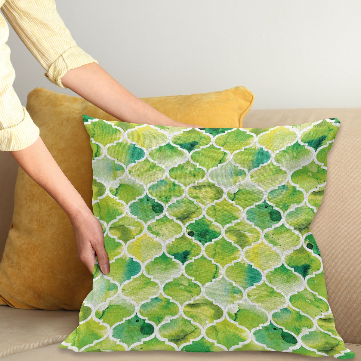 ABAKUHAUS Aquarel Kussenhoes, marokkanische Trellis, Water- en Vuilafstotende Stof met Digitale Print voor Binnen en Buiten, 50 x 50 cm, Lime Groen Geel Wit