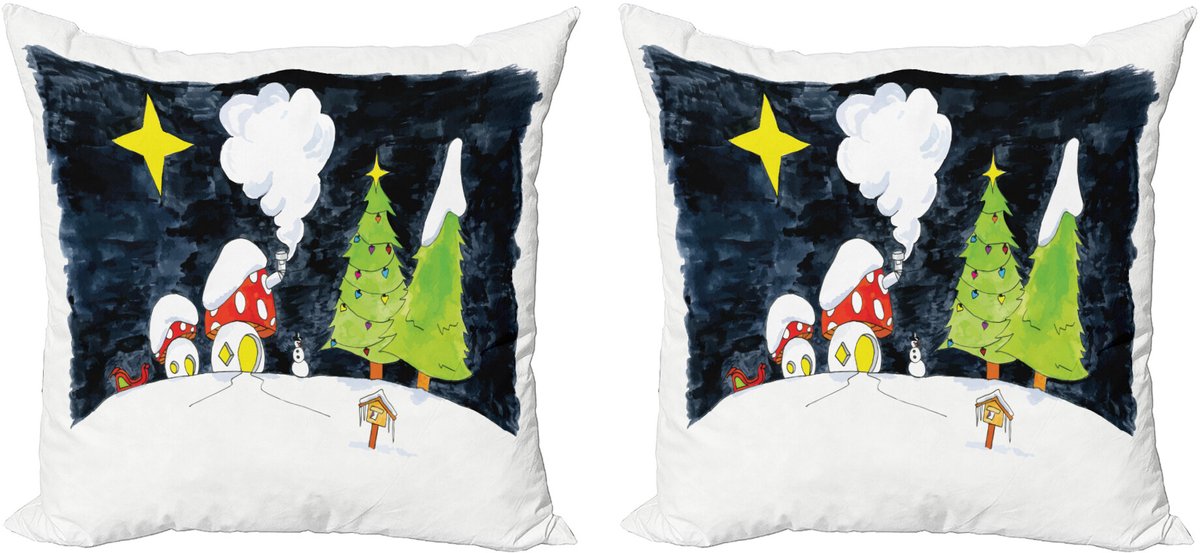 ABAKUHAUS Kerstmis Sierkussenhoes Set van 2, Dorf Mushroom Häuser, Modern Accent Dubbelzijdige Digitale Print, 40x40, Meerkleurig