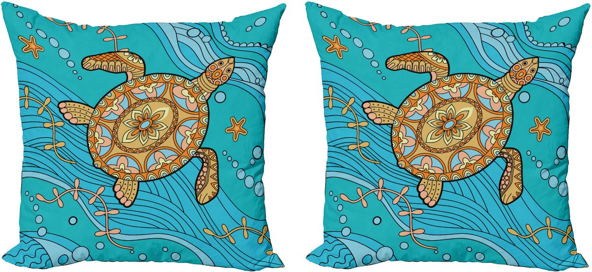 ABAKUHAUS Schildkröte Sierkussenhoes Set van 2, Doodle Water, Modern Accent Dubbelzijdige Digitale Print, 40x40, Turquoise