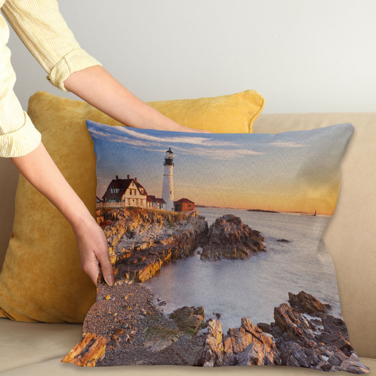 ABAKUHAUS Vereinigte Staaten Kussenhoes, Cape Elizabeth, Kussenhoes zonder Binnenkussen, met Ritssluiting, Dubbelzijdige Print, Wasbaar, 45 x 45 cm, Lichtblauw Lichtbruin