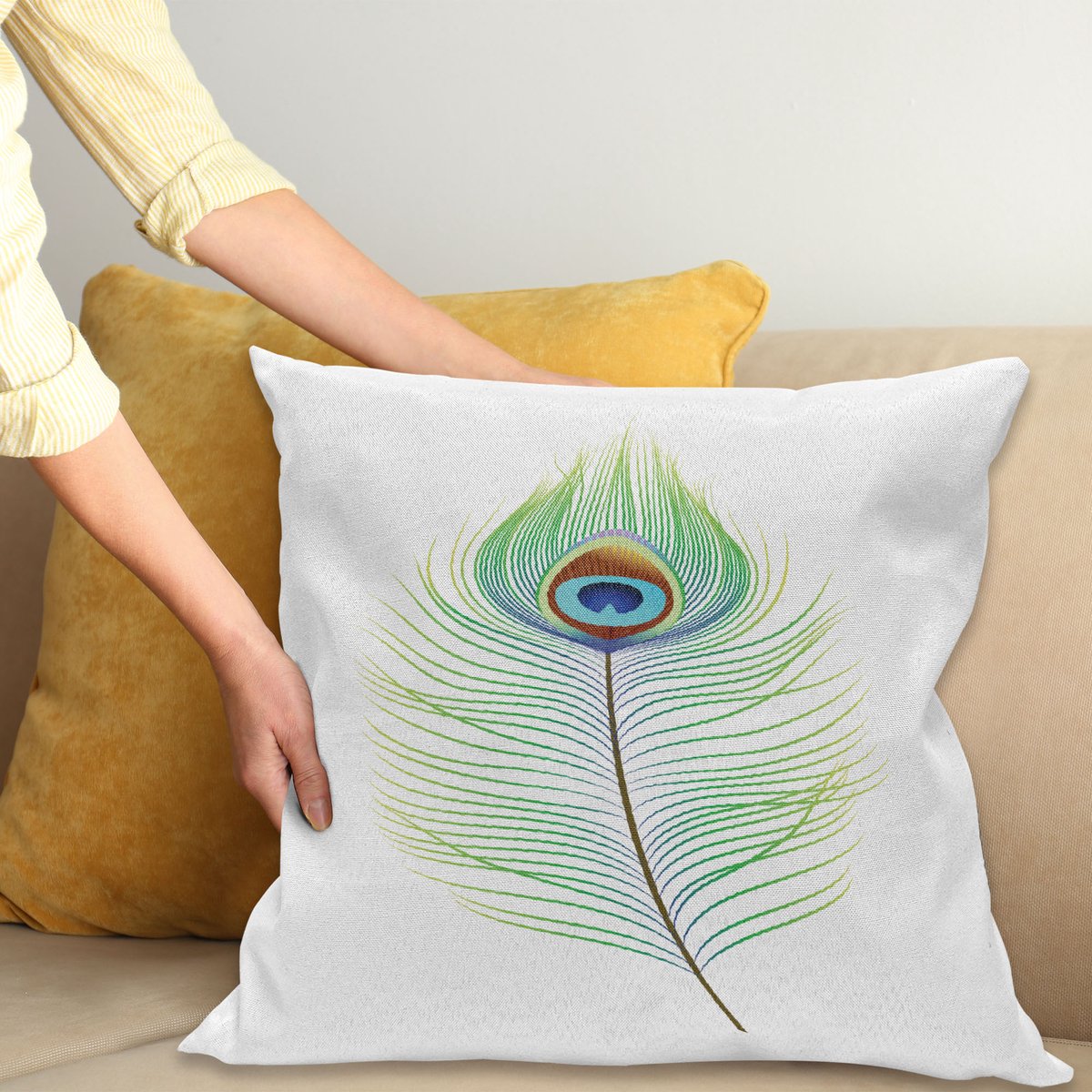 ABAKUHAUS Veer Kussenhoes, Single Retro Plume Peacock, Water- en Vuilafstotende Stof met Digitale Print voor Binnen en Buiten, 40 x 40 cm, Varen Groen Meerkleurig