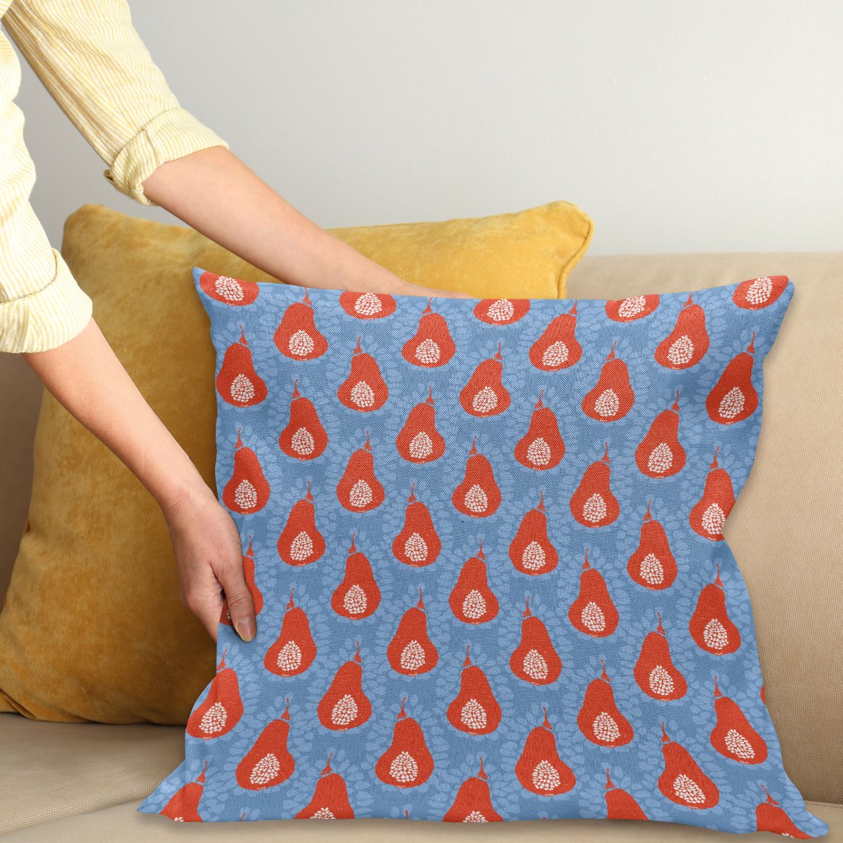 ABAKUHAUS Fruit Kussenhoes, Handgemalte Birnen en Kerne, Decoratieve Kussenhoes met Dubbelzijdige Print, Ritssluiting, Wasbaar, 45 x 45 cm, Ceil Blauw Vermiljoen