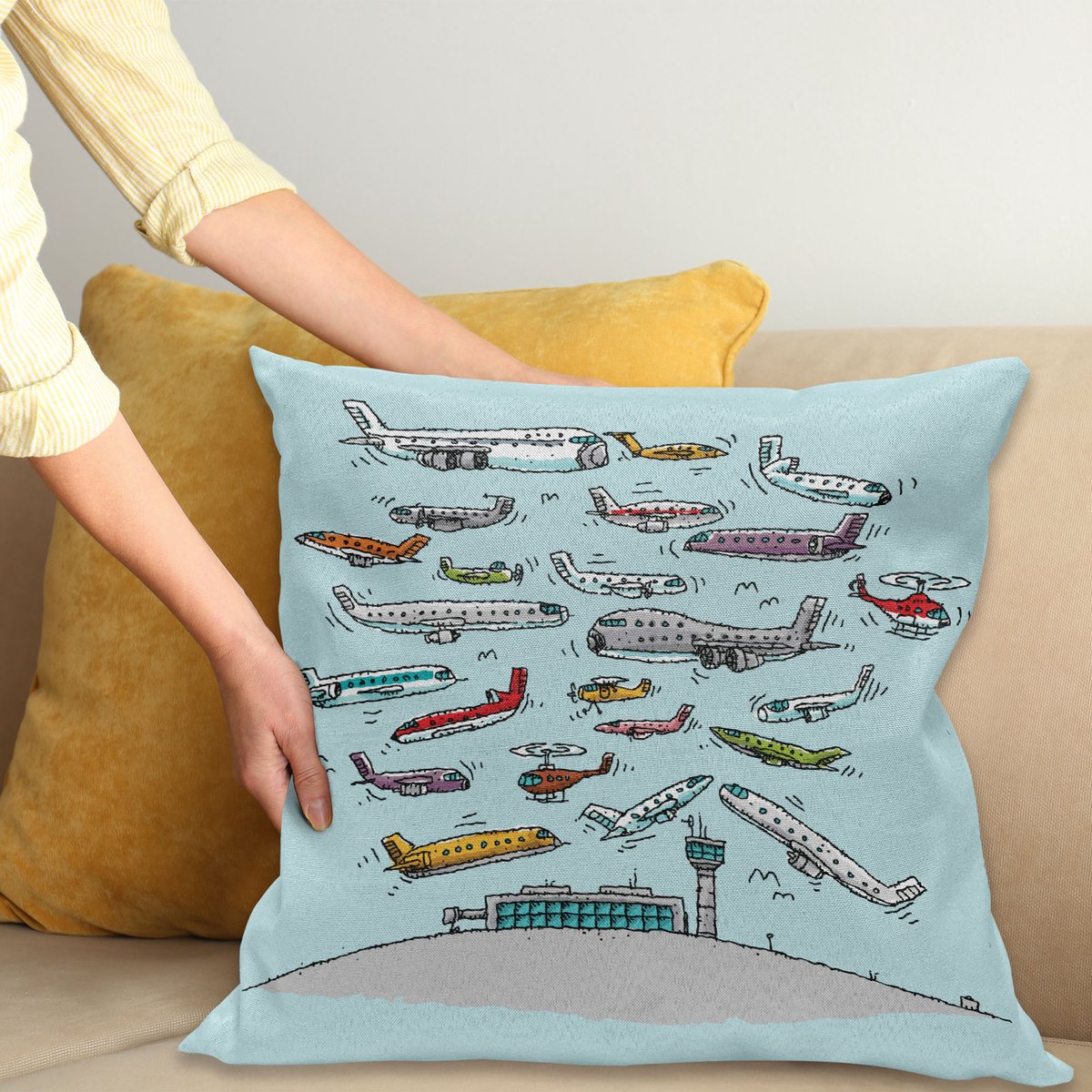 ABAKUHAUS Luftfahrt Kussenhoes, Flugzeuge Hubschrauber, Wasbare Sierkussenhoes voor Binnen/Buiten, Dubbelzijdige Print met Ritssluiting, 60 x 60 cm, Meerkleurig