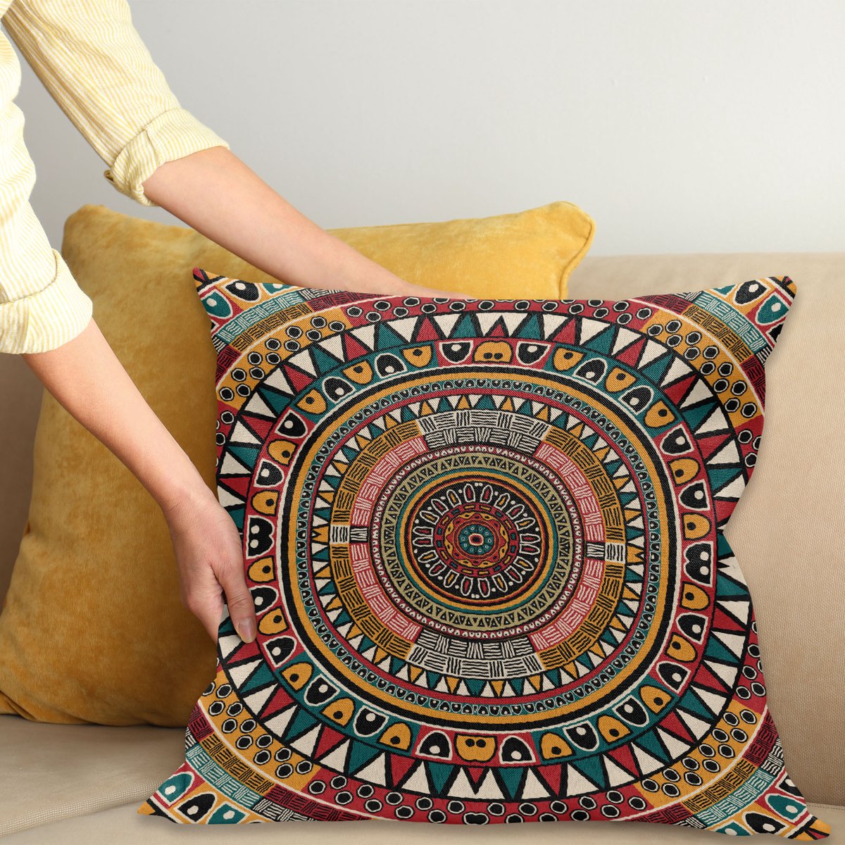 ABAKUHAUS Tribal Kussenhoes, Kleur Kunst, Wasbare Kussenhoes met Ritssluiting, Kleurechte Heldere Kleuren en Dubbelzijdige Print, 60 x 60 cm, Jade Ruby en Mosterd