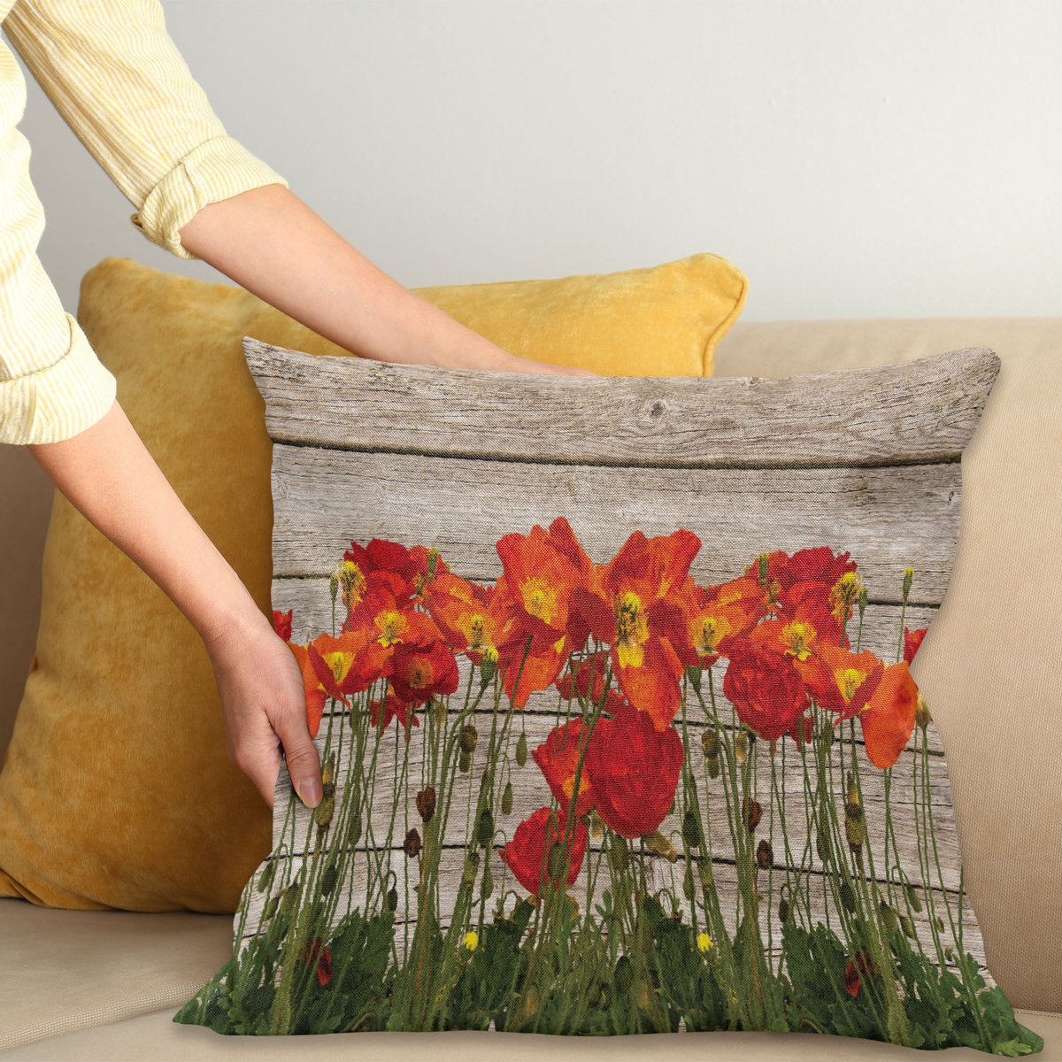 ABAKUHAUS Rustikal Kussenhoes, Bloeiend Mohnblumen-Bloemen, Decoratieve Kussenhoes met Dubbelzijdige Print, Ritssluiting, Wasbaar, 60 x 60 cm, Oranje Bruin
