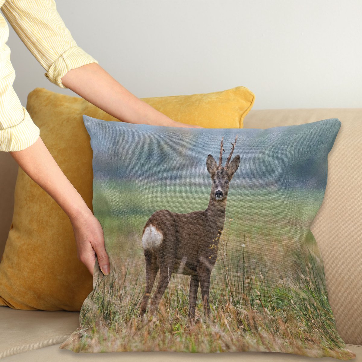 ABAKUHAUS Jagd Kussenhoes, Hert Wilde Dieren, Water- en Vuilafstotend, Wasbaar, Dubbelzijdige Print met Ritssluiting, 50 x 50 cm, Meerkleurig