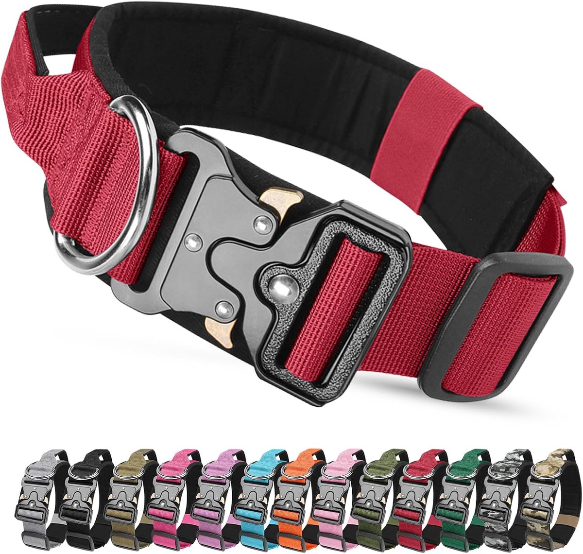Hondenhalsband met handvat, brede hondenhalsband, gevoerd, van nylon, verstelbaar, robuuste hondenhalsband met metalen gesp voor middelgrote en grote honden (rood, L)