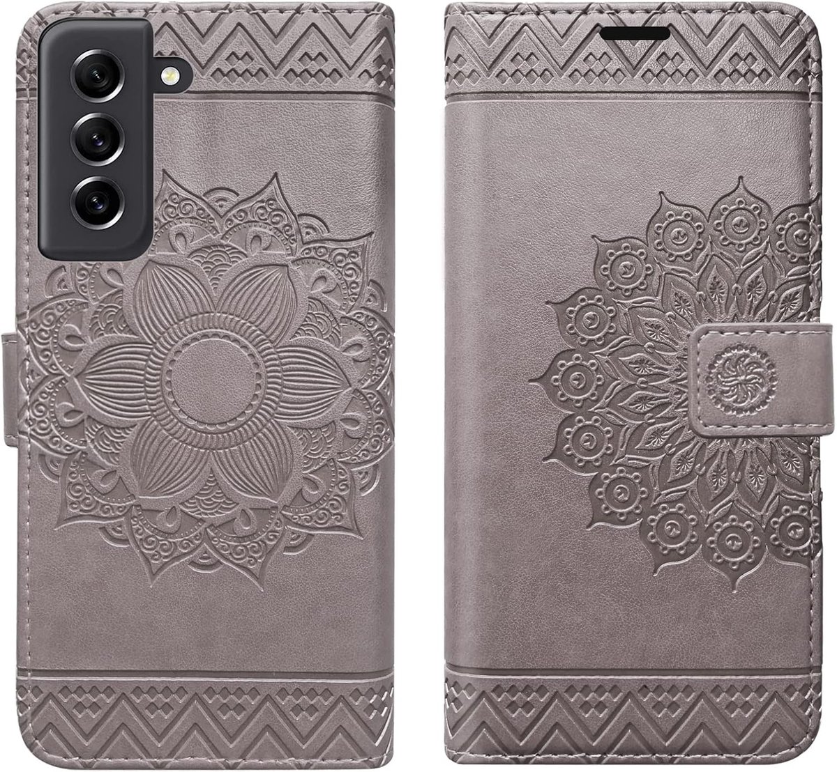 Betterfon Hoes voor mobiele telefoon voor Samsung Galaxy S21 FE 5G, hoes Galaxy S21 FE 5G - (niet voor S21, S21+, S21 Ultra) Flip Case klaphoes beschermhoes PU leder voor Samsung S21 FE 5G, Mandala grijs