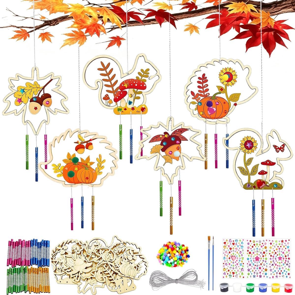 18 stuks herfstknutselset voor kinderen, windgong knutselset voor kinderen, doe-het-zelf houten windgong knutselset met pensel/edelsteenstickers, houten knutselset, herfstdecoratie voor meisjes en