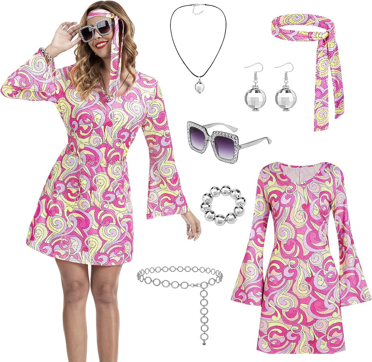 60s 70s hippie kostuum voor vrouwen - 7-delige disco party outfit met uitlopende jurk, vredesteken ketting, oorbellen, hoofdband, zonnebril, armband en taille ketting