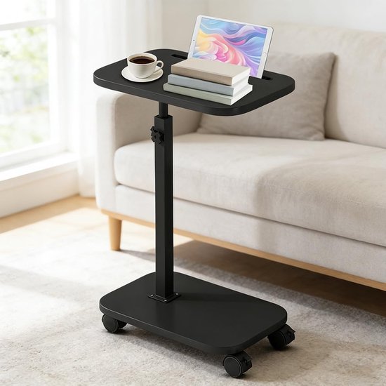 Bijzettafel, in hoogte verstelbaar, bijzettafel bank met wieltjes, 360° draaibare salontafel, koffietafel, zijtafel, bedtafel voor woonkamer, slaapkamer, bed (zwart) — afbeelding 4
