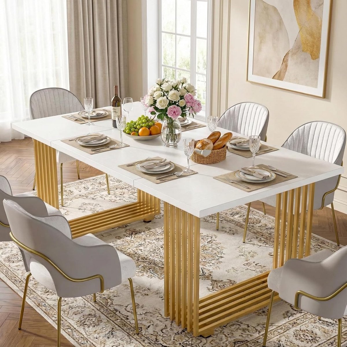 180cm Dining Table For 6-8 People, Rechthoekige Eetkamertafel, Kitchen Dining Table, Witte Eettafel Goud, Houten Eettafel, Moderne Eetkamertafel, 180 x 80 x 78 cm, White Gold