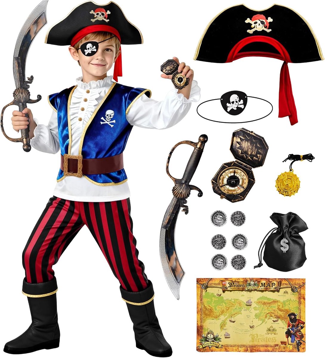 Kinderen jongens piratenspeelgoed set piratenhoed oogklep kompas portemonnee kaart kinderverjaardag rollenspel Halloween carnaval kostuum voor kinderen 3 4 5 6 7 8 9 10 11 jaar