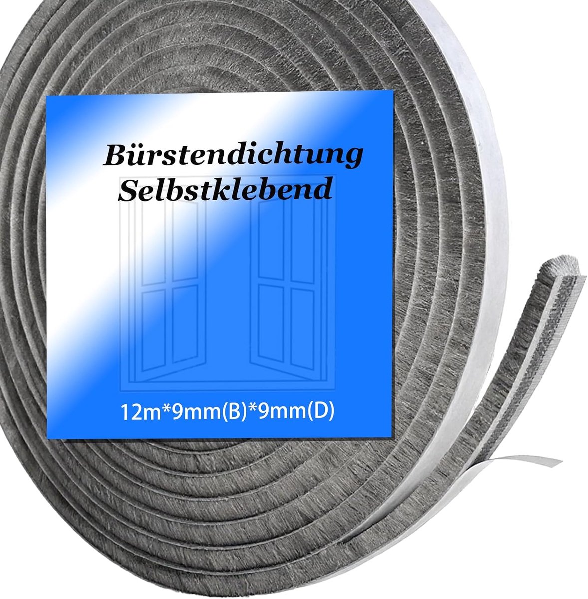 Zelfklevend, 9 mm (B) x 9 mm (D), borstelafdichting voor rolluiken, schuifdeur, raam, deur, kledingkast, deurafdichting borstel, insectenbescherming, 12 m
