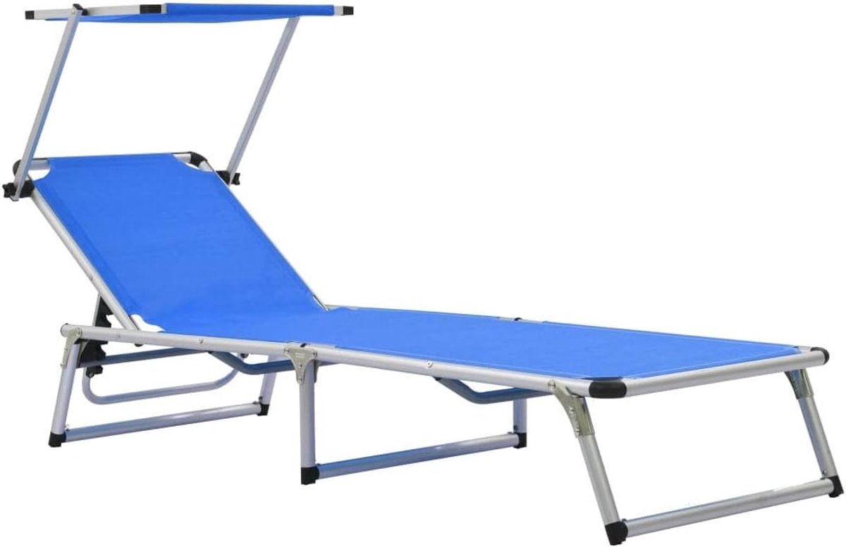 Inklapbaar zonnebed met zonnedak, tuinligstoel met verstelbare rugleuning, relaxstoel, klapstoel, lounge ligstoel voor camping, 186 x 58 x 25,5 cm, blauw/bruin