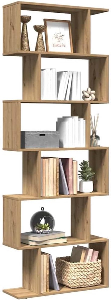 Boekenkast 6 etages Artisan-eiken 70x24x193 cm met verspringende vakken als ruimteverdeler rek voor woonkamer kantoor slaapkamer opslag flexibel opstelbaar