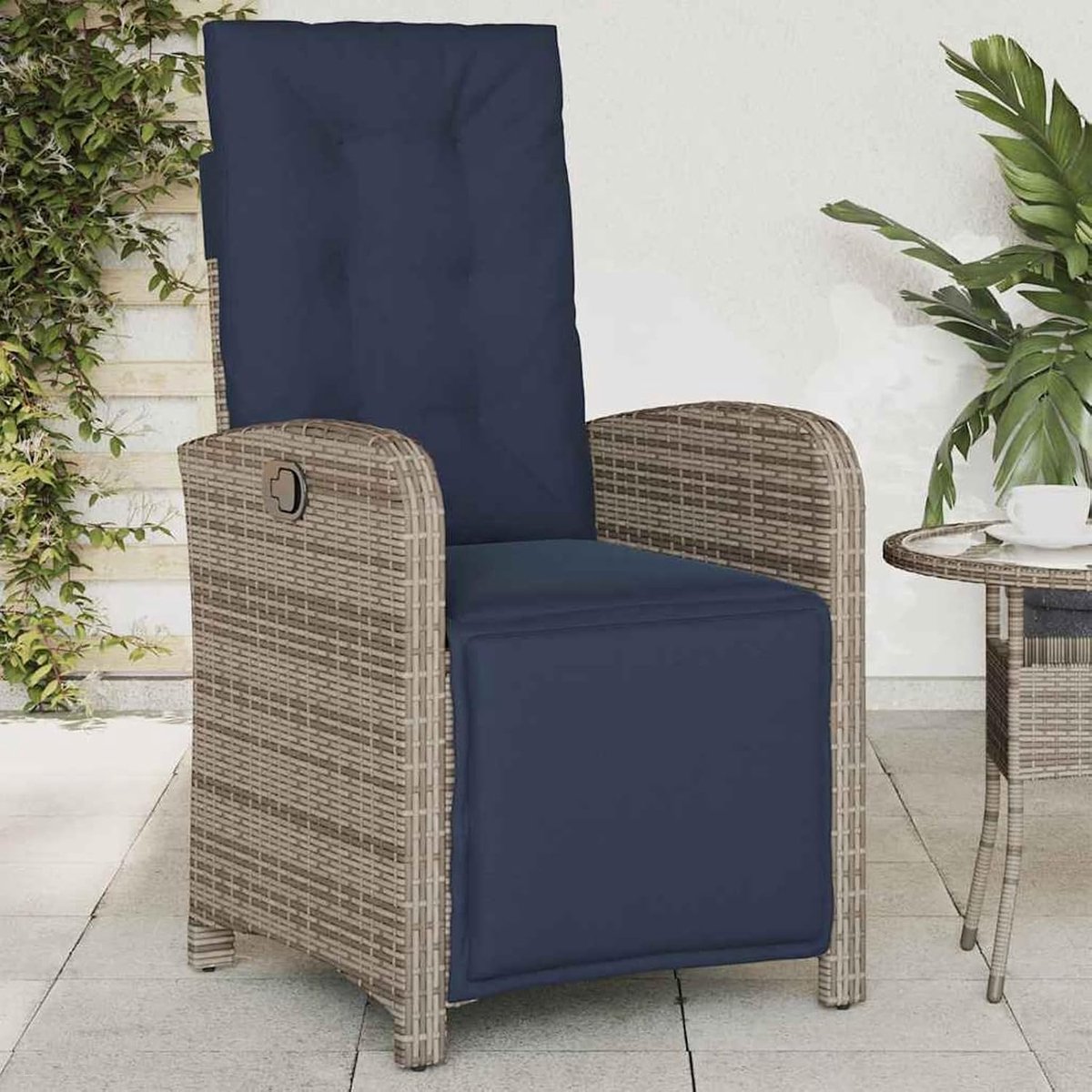 Tuinstoel met voeteneinde, verstelbaar, grijs, polyrotan, tuinmeubilair, stapelstoel, balkonstoelen voor buiten, tuin, café, camping, 365191