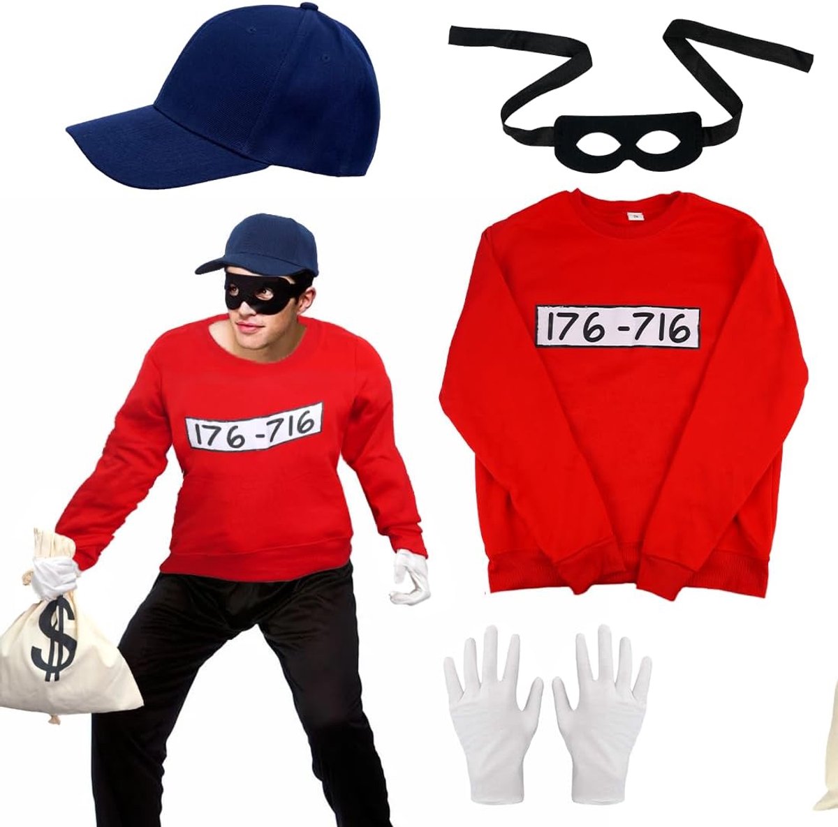 Kostuum kluis, kostuum dief, rover, bandito shirt met lange mouwen met masker, handschoenen, portemonnee, hoed, kostuum gang heren dames carnaval Halloween