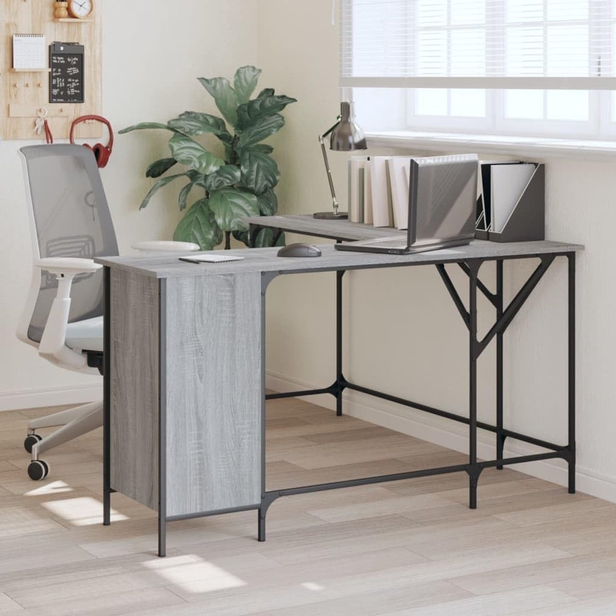 Bureau, computertafel, werktafel, hoekbureau, bureau met laden, studeertafel, gamingbureau, Sonoma-grijs, 141 x 141 x 75 cm, meerlaags hout