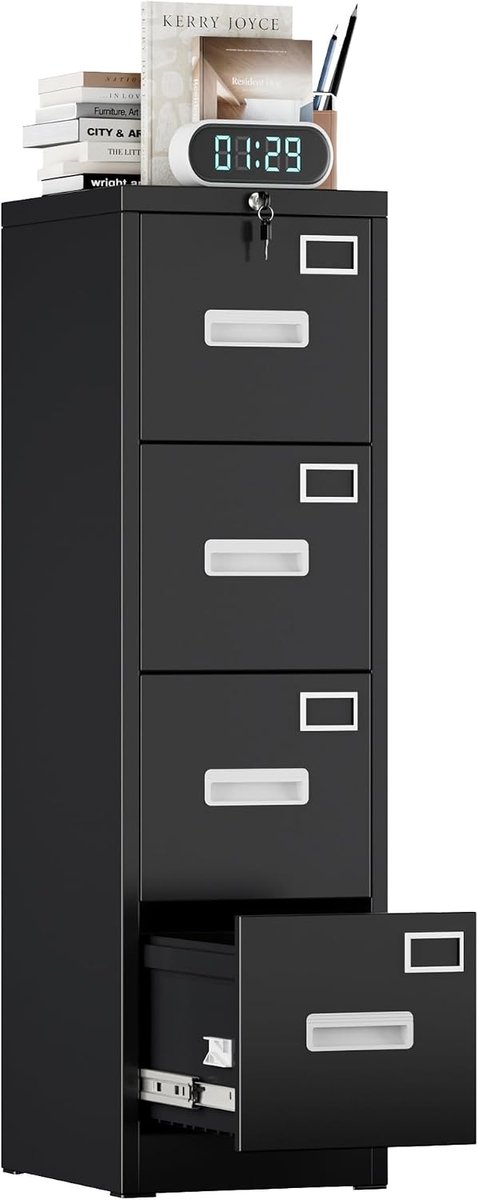 Archiefkast, Metaal Verticaal Hangende Registratiekasten A4, Kantoorkast voor Homeoffice, Printerstandaard, met 4 afsluitbare schuifladen voor hangmappen (Zwart)
