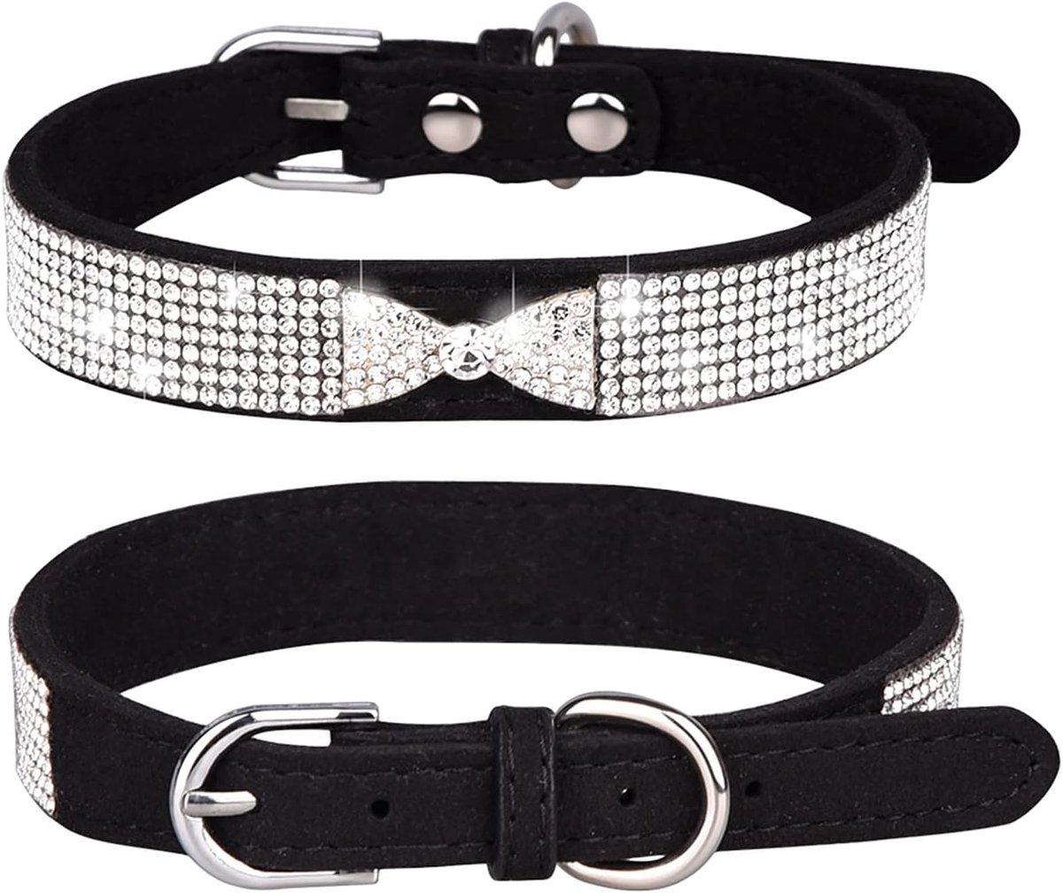 Halsband met strass voor honden en katten, van zacht suède, oogverblindend en fonkelend, halsband met strass, maat M, zwart-3
