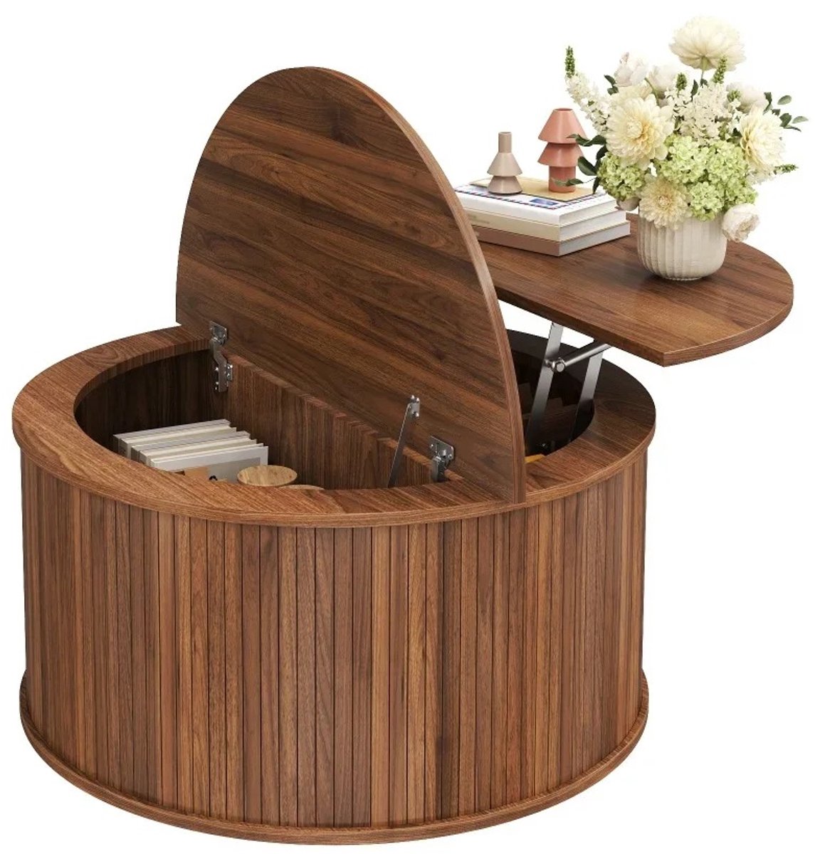 Bresht Salontafel - Salontafel rond - Lift-top tafelblad - Opbergruimte - Verticale ribstructuur - Walnootlook - 88 x 88 x 53 cm