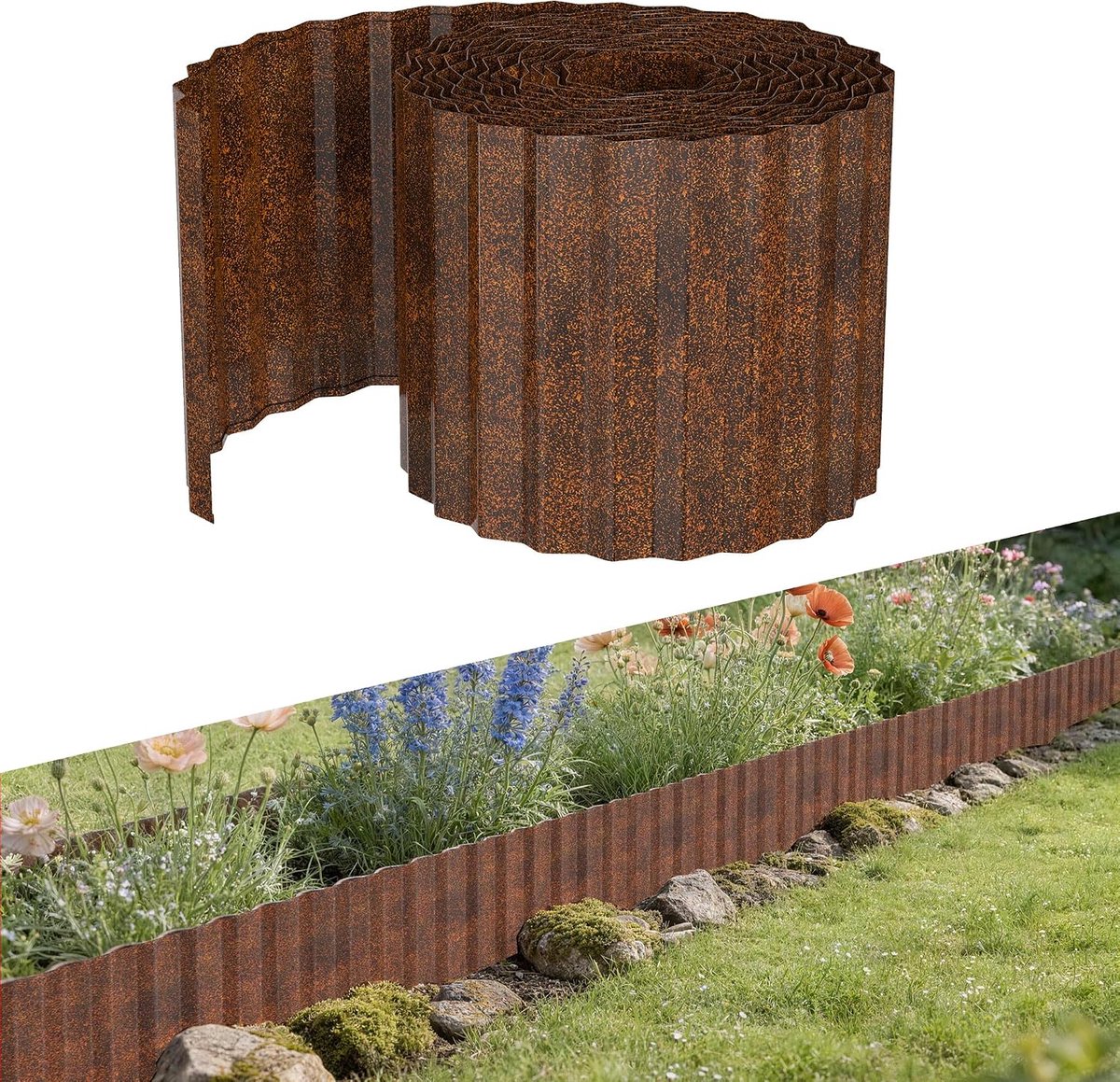 Gazonrand, metaal, 5 m, hoogte 15 cm, verzinkte perkrand, flexibele bloembedrand, maairand, wortelblokkering, gazonbegrenzing, tuinpalissade voor tuin en paden, roestkleur