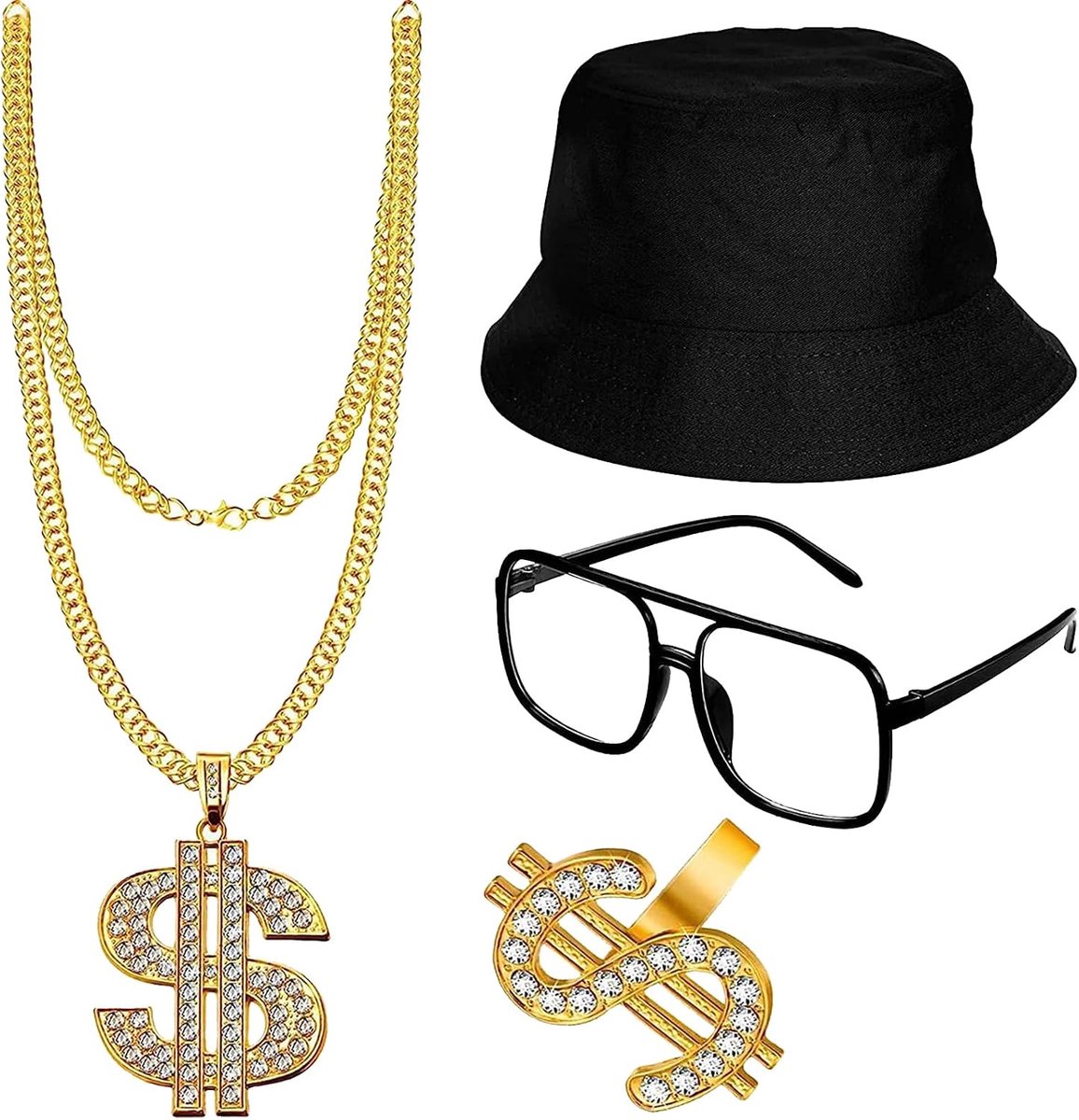 Set van 4 hiphop-kostuums, jaren 80/90 outfit voor heren, hiphop-kostuumaccessoires met dollarteken, hanger, halsketting, ringenset, metalen ketting, halsband, armband, zonnebril voor mannen en