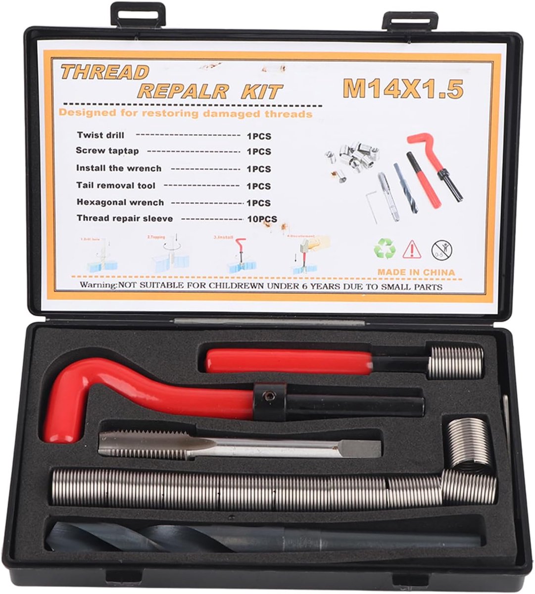 15 Stuks M14x1.5 Draadinzetstukken voor Binnendraad Reparatie - Schroefdraad Reparatiesets Assortiment met Boor