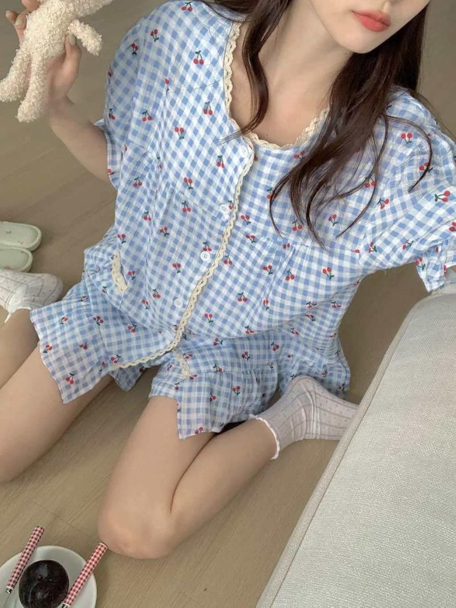 Zomer Kanten Pyjama Set Met Ronde Hals - Zoete Geruite Kersen Print Kant Nachtkleding Set Met Korte Mouwen Loungewear, Modieus Ruches Ontwerp Casual Shorts Homewear Sleepshirt Set,Blauw,One Siz