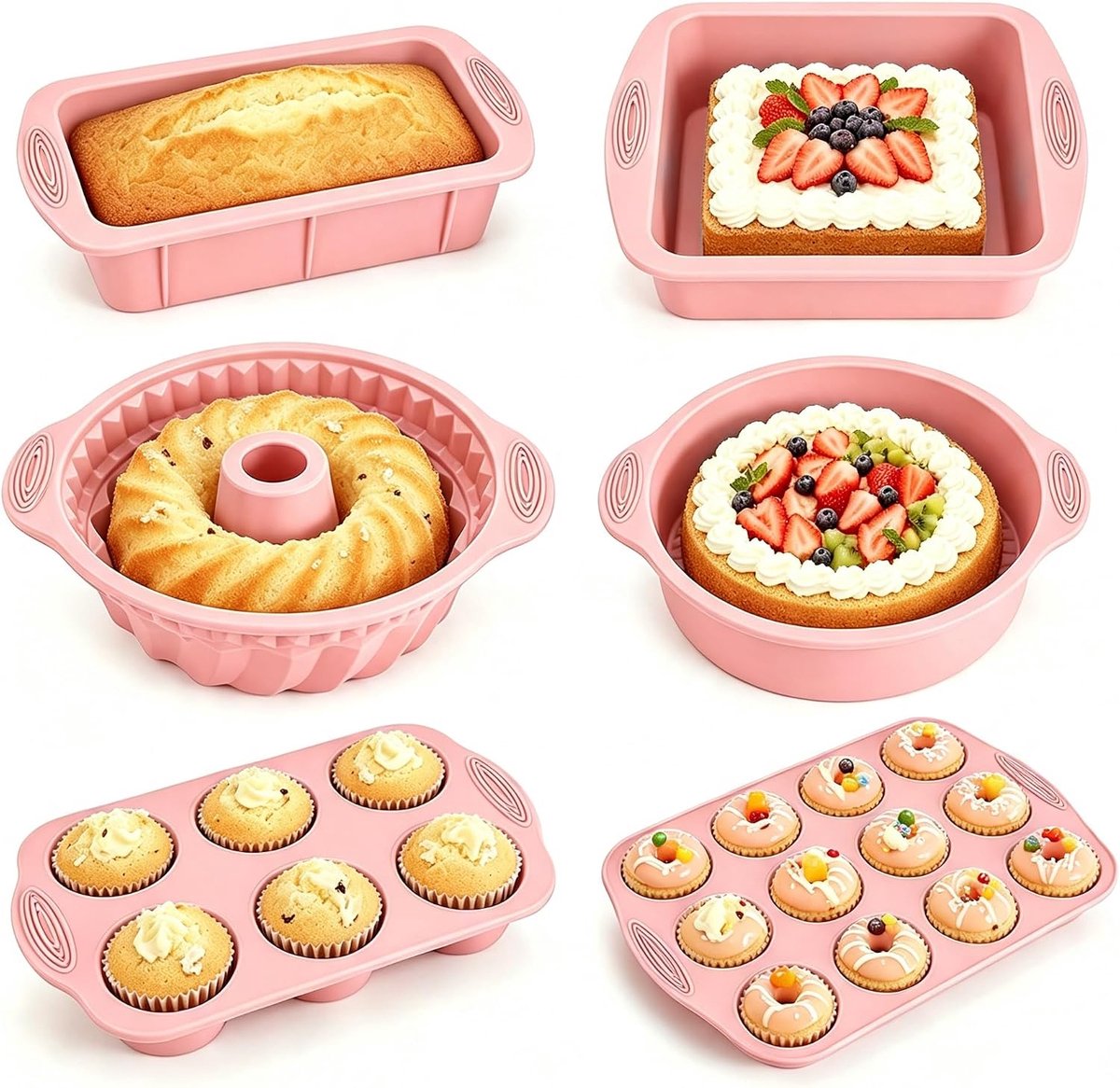 6-in-1 siliconen bakvormset, hittebestendige bakvormaccessoires, vormgereedschapsset voor taarten (roze)