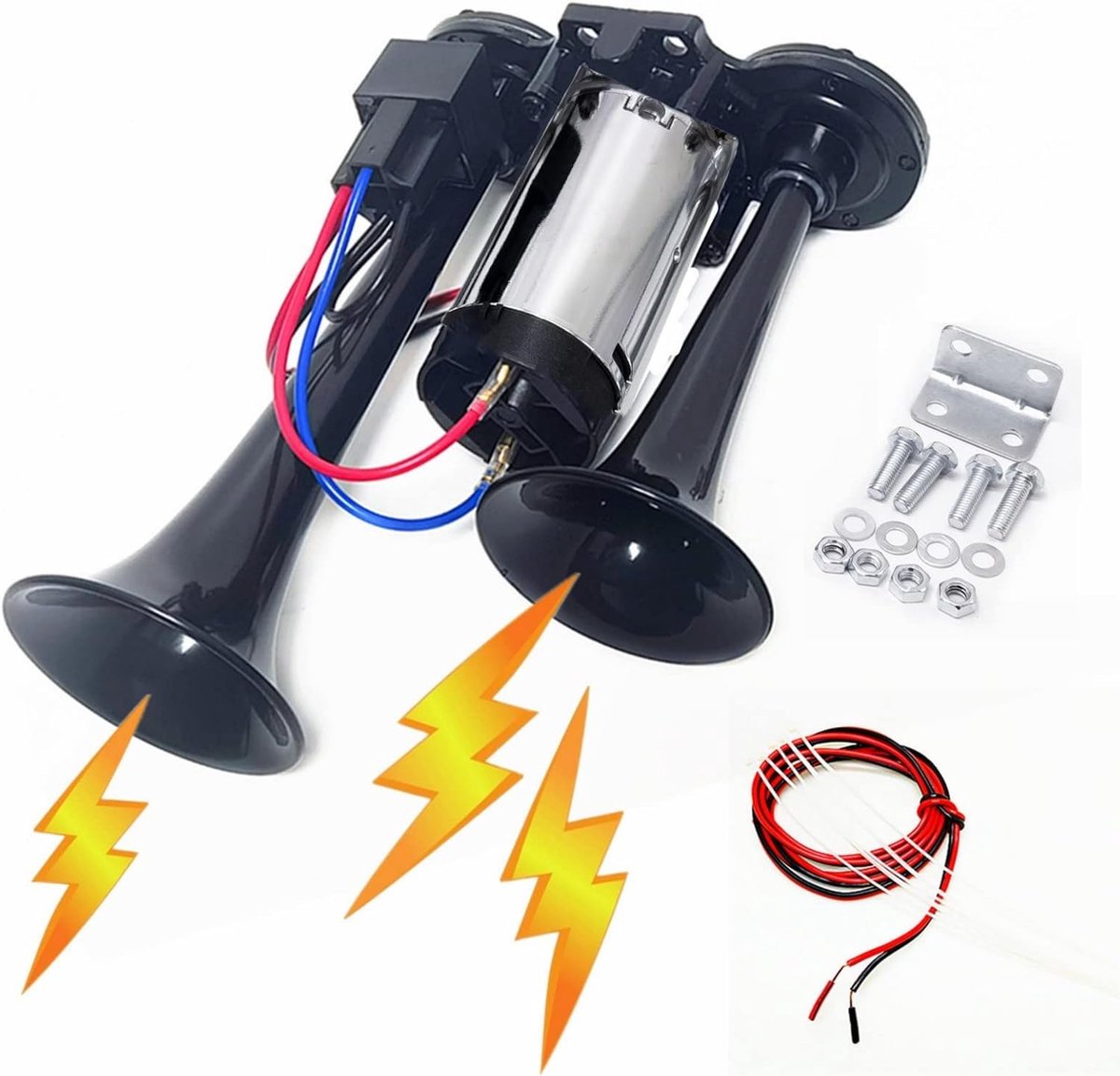 170DB Dubbele buis 12V elektrische hoorn, universele pasvorm, zwart zilver combinatie, ABS + metaal, 170 decibel, claxon voor auto, vrachtwagen, motorfiets, boot, enz.