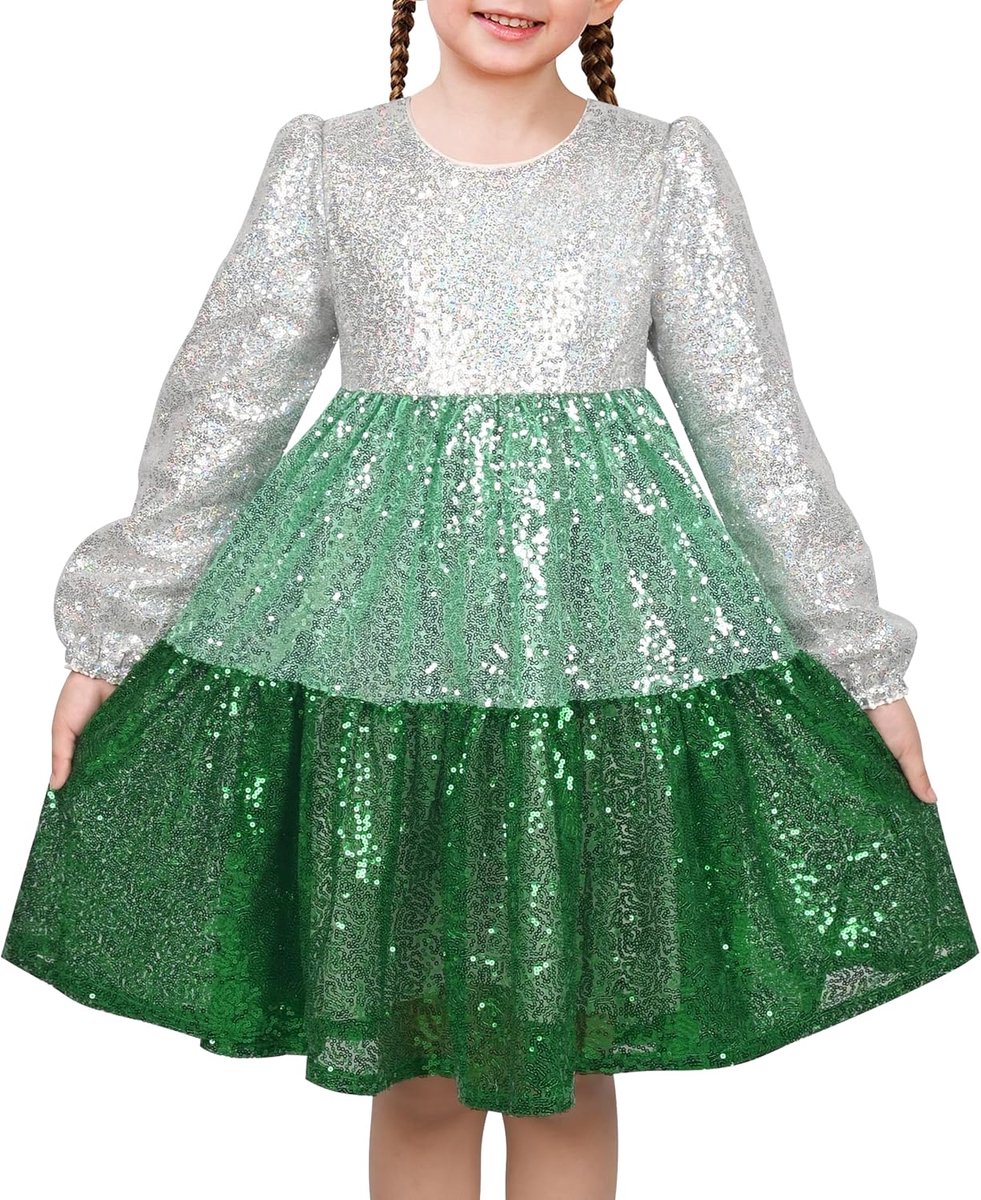 Jurk Zilver Bruin Glimmend Glitter Pailletten Kleurblok Mouwloos 5-10 jaar