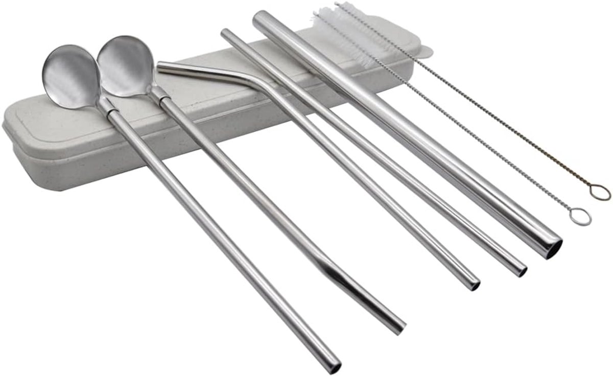7-delige zilveren roestvrijstalen rietlepelset, 20,5 cm herbruikbaar rietje, met draagtas (3 rietjes/2 rietjeslepel/2 borstels)