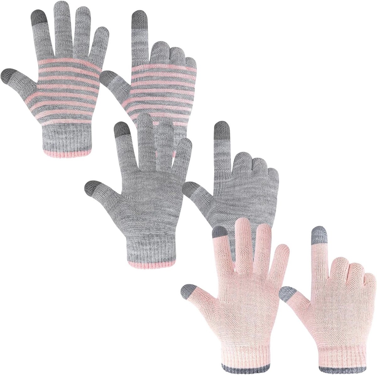 Handschoenen met 2 touchscreen-vingers, winterkinderhandschoenen, warme gebreide handschoenen, volledige vingers stretch toverhandschoenen voor jongens en meisjes, strepen, roze en grijs, 4-6 Jaar