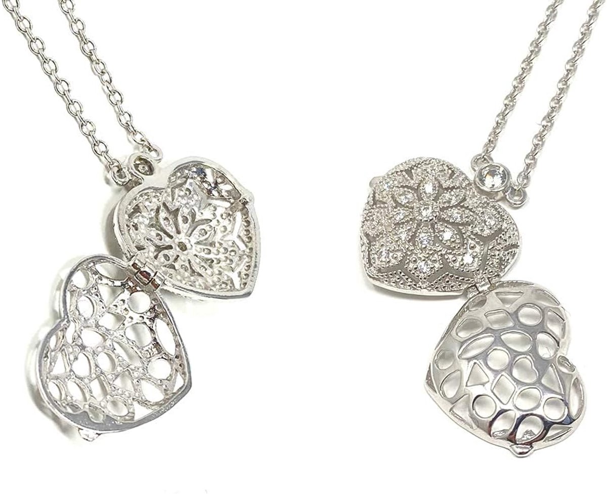 zilveren 925 Vintage stijl Cubic Zirconia hart medaillon op 41-46cm ketting, Zirkonia, Zirkonia