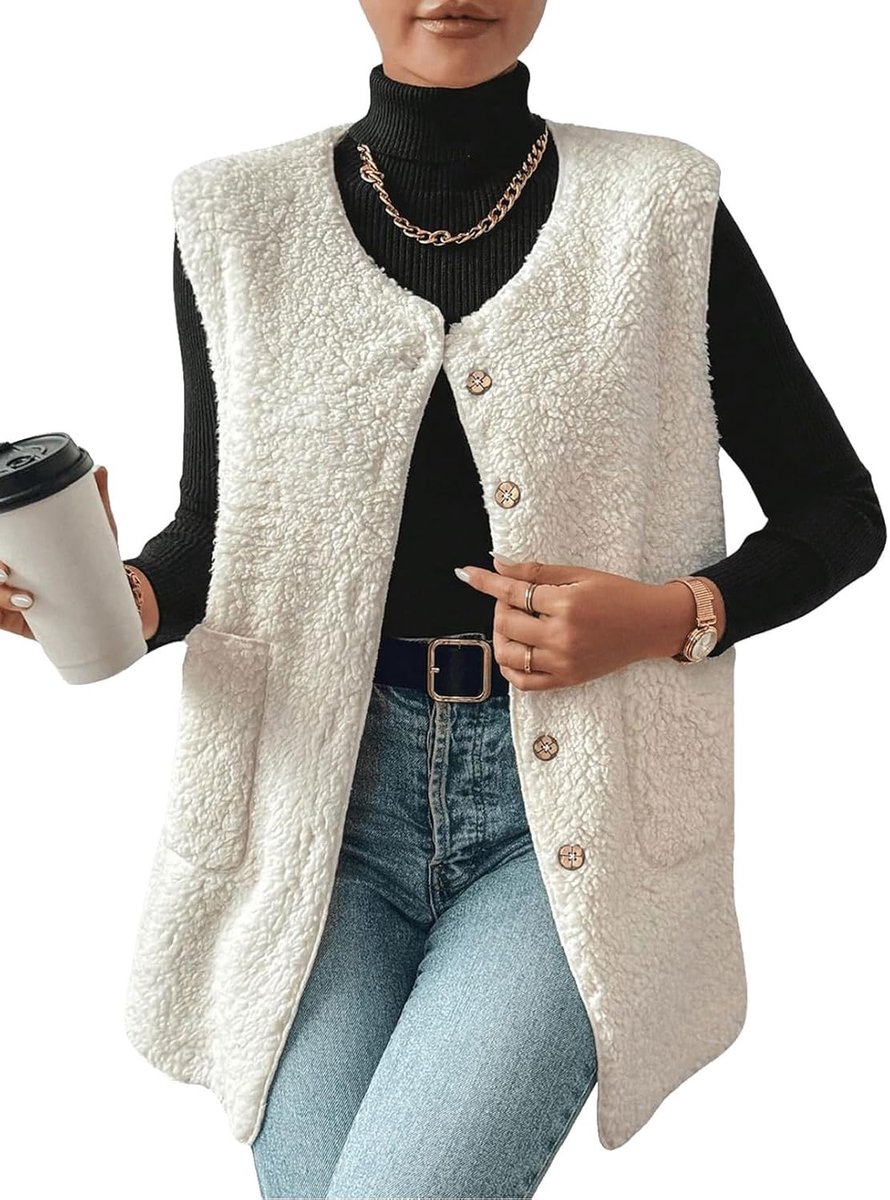 Mouwloos damesvest, lang, fleece, zacht, warm, jas, herfst, winter, sherpa, waistcoat, effen, V-hals, jassen, jas, mode, knoop, gewatteerd, jas met zakken