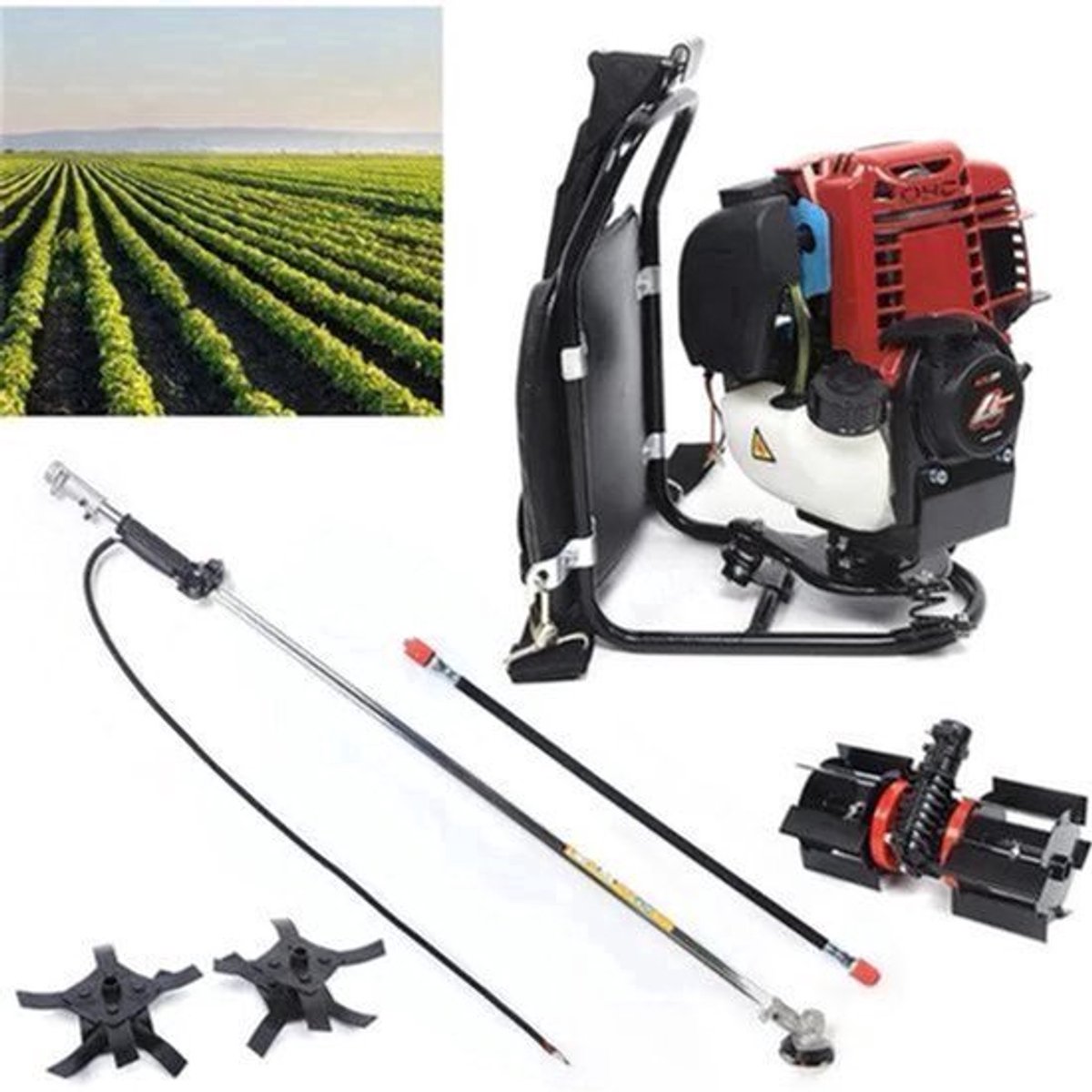 Benzine Grastrimmer - Grasmaaier - Bosmaaier - Kantenmaaier - Tuingereedschap - 35.4CC - 4-Takt 1KW, 4500-8500RPM – Rugzakmodel in Zwart/Rood