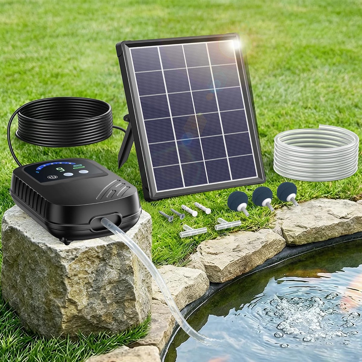 Vijverbeluchter op zonne-energie, zuurstofpomp met accu, 3 m slang, IPX5 stille zonne-luchtpomp voor tuinvijver, regenwaterton, hydrocultuur, aquarium, visvijver tot 600 l, met