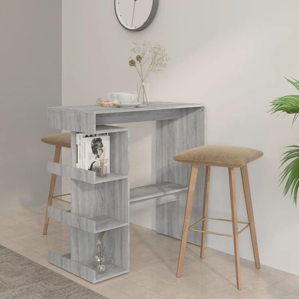 Bartafel met rek, barres, statafel, bartafel, bistrotafel, keukentafel, spaanplaat, grijs, sonoma, 100 x 50 x 101,5 cm