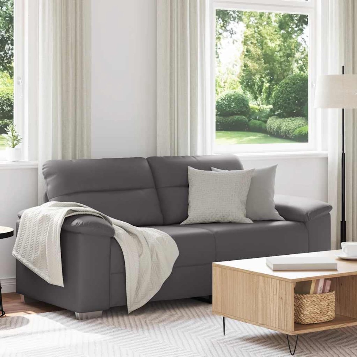 2-zitsbank, grijs, 140 cm, kunstleer, duurzame gestoffeerde bank met brede armleuningen, voor woonkamer en kantoor, robuust houten metalen frame, elegante zitgelegenheid