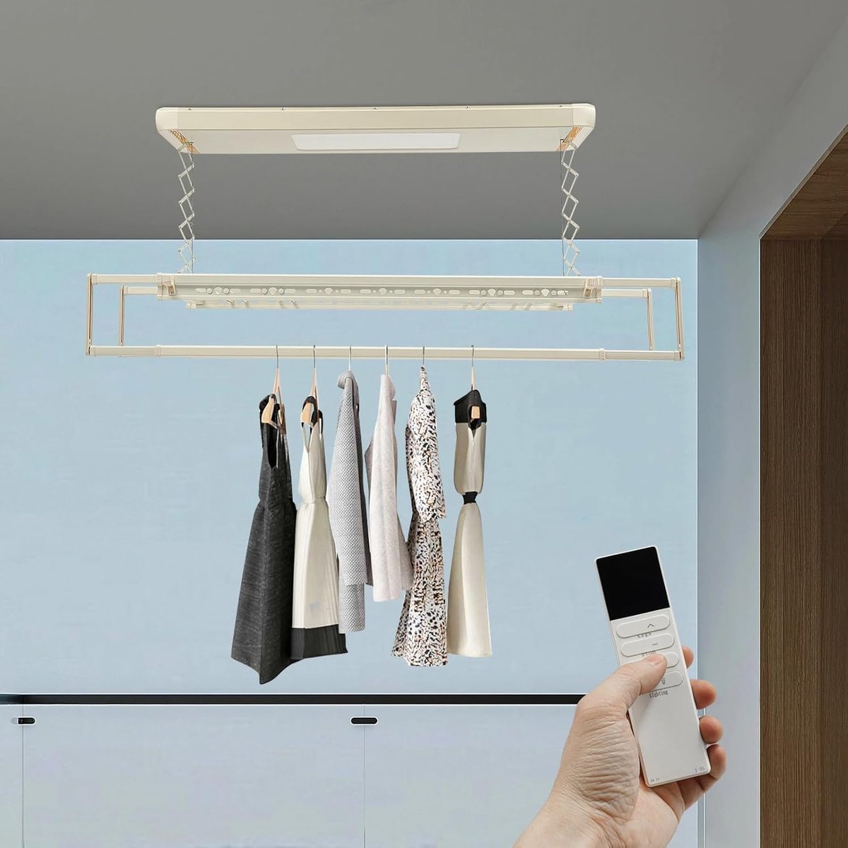 Plafond, aluminium en staal, wasrek met lamp, plafonddroger, uittrekbaar, 130-215 cm, in hoogte verstelbaar, ruimtebesparend, afstandsbediening, voor balkons, bijkeuken, badkamer, hotels