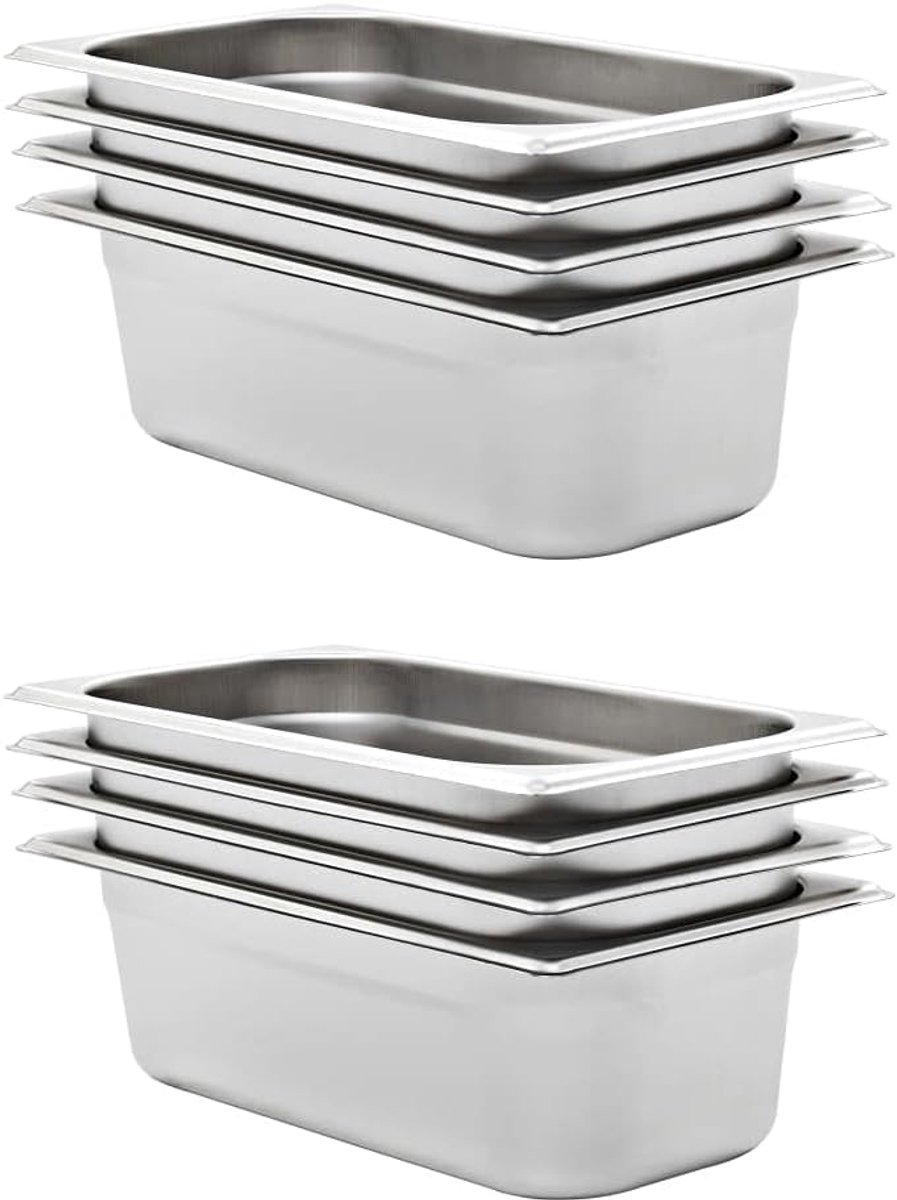 8 gastrocontainers GN 1/3 van roestvrij staal 100 mm diep, stapelbaar, 4 liter, voor Bain-Marie en Chafing Dish