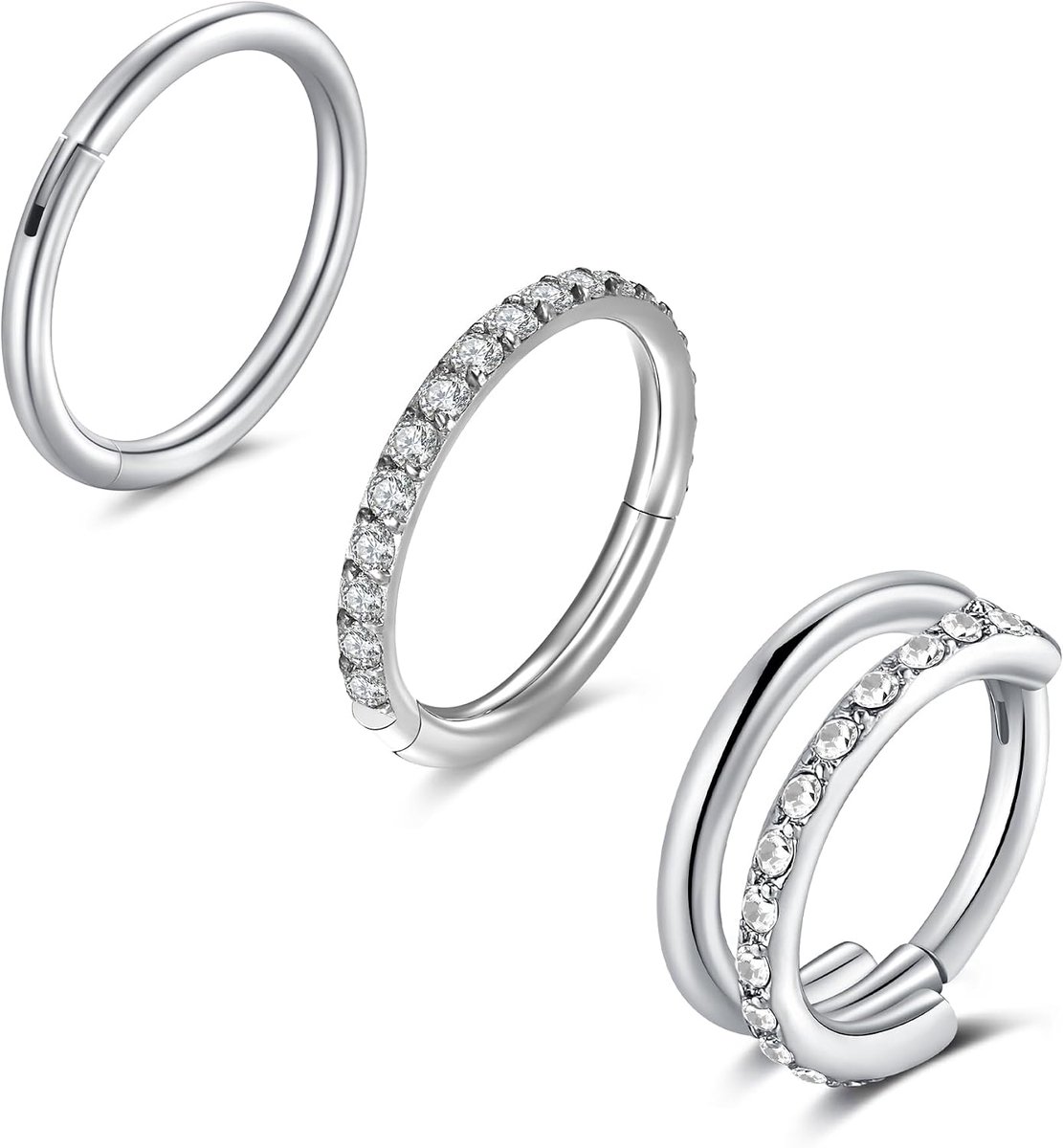 Neuspiercing, ring, goud en zilver, 3 stuks, roestvrij staal, klikpiercing, neusring, septumring voor neus, septum, helix, tragus, daith, cartilage met glittersteentjes en dubbelzijdig