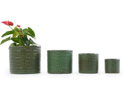 Middelgrote enkele keramische plantenpot Ø31 cm - Ademend - Vorstbestendig - Met afvoergat - Glanzend olijfgroen - Visgraat reliëf