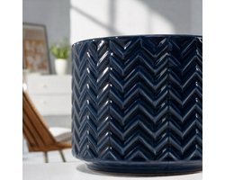 Handgemaakte keramische plantenpot (24 cm) - ademend - vorstbestendig - met afvoergaten - glanzend donkerblauw met rond visgraatreliëf - geschikt voor binnen, balkon en tuin